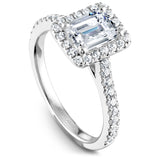 A Noam Carver white gold engagement ring with an emerald halo and 40 diamonds.