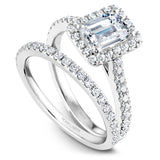 A Noam Carver white gold engagement ring with an emerald halo and 40 diamonds.