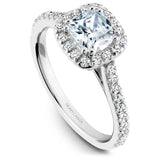 A Noam Carver white gold engagement ring with a cushion halo and 36 diamonds.
