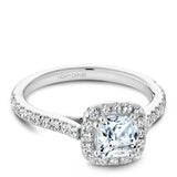 A Noam Carver white gold engagement ring with a cushion halo and 36 diamonds.