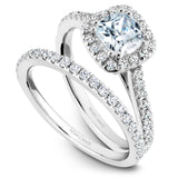A Noam Carver white gold engagement ring with a cushion halo and 36 diamonds.