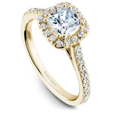 A Noam Carver yellow gold engagement ring with a cushion halo and 36 diamonds.