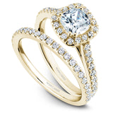 A Noam Carver yellow gold engagement ring with a cushion halo and 36 diamonds.