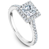 A Noam Carver yellow gold engagement ring with a square halo and 40 diamonds.