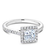 A Noam Carver yellow gold engagement ring with a square halo and 40 diamonds.