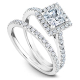 A Noam Carver yellow gold engagement ring with a square halo and 40 diamonds.
