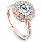 A Noam Carver rose gold engagement ring with a double halo and 63 diamonds.
