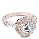A Noam Carver rose gold engagement ring with a double halo and 63 diamonds.