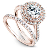 A Noam Carver rose gold engagement ring with a double halo and 63 diamonds.