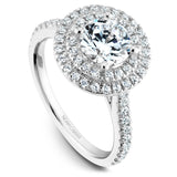 A Noam Carver white gold engagement ring with a double halo and 63 diamonds.