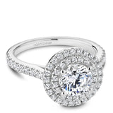 A Noam Carver white gold engagement ring with a double halo and 63 diamonds.