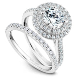 A Noam Carver white gold engagement ring with a double halo and 63 diamonds.