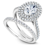 A Noam Carver white gold engagement ring with an oval double halo and 66 diamonds.