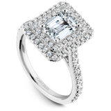 A Noam Carver white gold engagement ring with an emerald double halo and 72 diamonds.