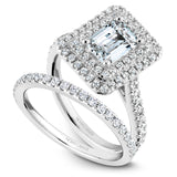 A Noam Carver white gold engagement ring with an emerald double halo and 72 diamonds.