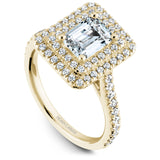 A Noam Carver yellow gold engagement ring with an emerald double halo and 72 diamonds.