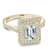 A Noam Carver yellow gold engagement ring with an emerald double halo and 72 diamonds.