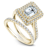 A Noam Carver yellow gold engagement ring with an emerald double halo and 72 diamonds.
