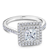 A Noam Carver white gold engagement ring with a square halo and 68 diamonds.