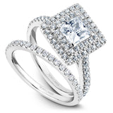 A Noam Carver white gold engagement ring with a square halo and 68 diamonds.