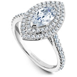 A Noam Carver white gold engagement ring with a marquise double halo and 72 diamonds.