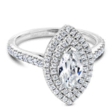 A Noam Carver white gold engagement ring with a marquise double halo and 72 diamonds.