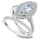 A Noam Carver white gold engagement ring with a marquise double halo and 72 diamonds.