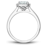 A Noam Carver white gold engagement ring with a round halo and 16 diamonds.
