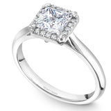 A Noam Carver white gold engagement ring with a square halo and 16 diamonds.