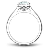 A Noam Carver white gold engagement ring with a square halo and 16 diamonds.