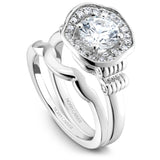 A  Noam Carver white gold engagement ring with 36 round diamonds and a detailed band.