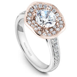 A  Noam Carver white and rose gold engagement ring with a round centerpiece and a band dazzled with 48 round diamonds.