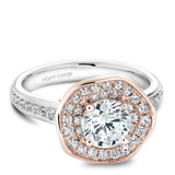 A  Noam Carver white and rose gold engagement ring with a round centerpiece and a band dazzled with 48 round diamonds.