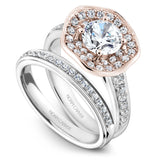 A  Noam Carver white and rose gold engagement ring with a round centerpiece and a band dazzled with 48 round diamonds.