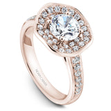 A  Noam Carver rose gold engagement ring with a round centerpiece and a band dazzled with 48 round diamonds.