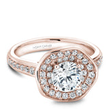 A  Noam Carver rose gold engagement ring with a round centerpiece and a band dazzled with 48 round diamonds.