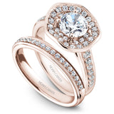 A  Noam Carver rose gold engagement ring with a round centerpiece and a band dazzled with 48 round diamonds.