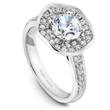 A  Noam Carver white gold engagement ring with a round centerpiece and a band dazzled with 48 round diamonds.