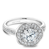 A  Noam Carver white gold engagement ring with a round centerpiece and a band dazzled with 48 round diamonds.