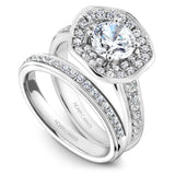 A  Noam Carver white gold engagement ring with a round centerpiece and a band dazzled with 48 round diamonds.