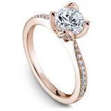 A  Noam Carver rose gold engagement ring with 69 diamonds on a band and a floral setting.