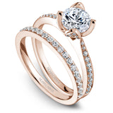 A  Noam Carver rose gold engagement ring with 69 diamonds on a band and a floral setting.