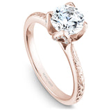 A Noam Carver engraved rose gold engagement ring with 52 diamonds on a band and a floral setting.