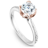 A Noam Carver engraved white and rose gold engagement ring with 52 diamonds on a band and a floral setting.