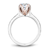 A Noam Carver engraved white and rose gold engagement ring with 52 diamonds on a band and a floral setting.