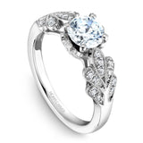 A Noam Carver white gold floral engagement ring with a round centerpiece and 34 round diamonds on a band.