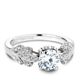 A Noam Carver white gold floral engagement ring with a round centerpiece and 34 round diamonds on a band.