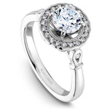 A Noam Carver white gold engagement ring with a round centerpiece on a floral halo and 22 diamonds.