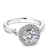 A Noam Carver white gold engagement ring with a round centerpiece on a floral halo and 22 diamonds.