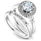 A Noam Carver white gold engagement ring with a round centerpiece on a floral halo and 22 diamonds.